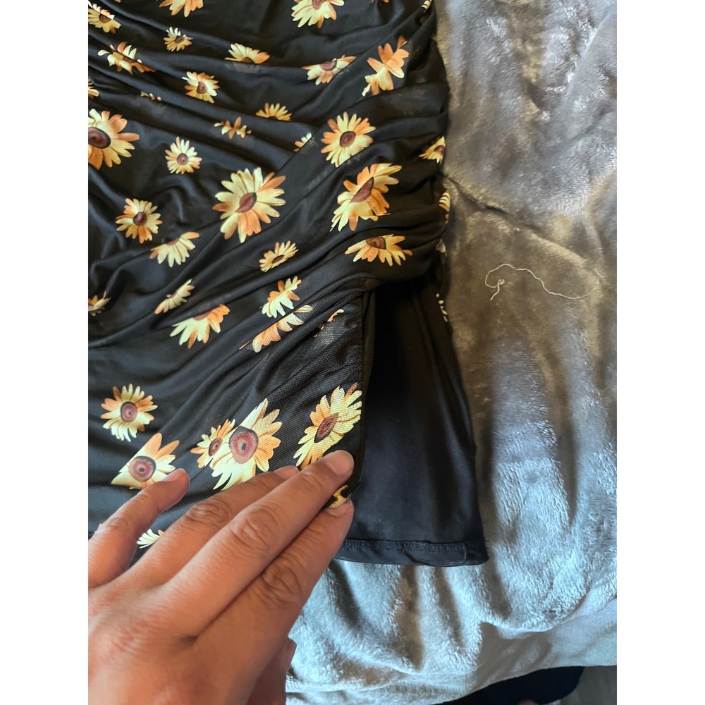 Popular 21 Sunflower Print Ruched Midi Dress Black Yellow Bodycon Side Slit L - Picture 2 of 4